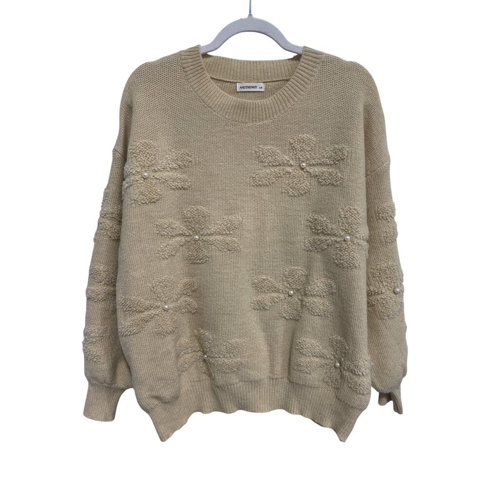 AndTheWhy Sweater Size Small/Medium Textured Floral Pearl Pullover Cozy Knitwear
